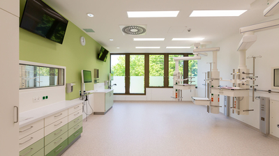 Innenansicht eines hellen Klinikraums mit grüner Wand, großen Fenstern und moderner medizinischer Ausstattung